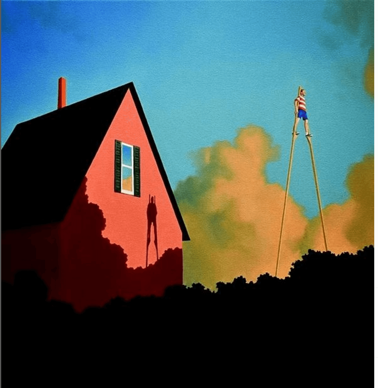 man walking on giant stilts in front of house