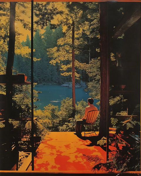 retro-style image of man sitting in chair on balcony in the woods with strong reds and greens