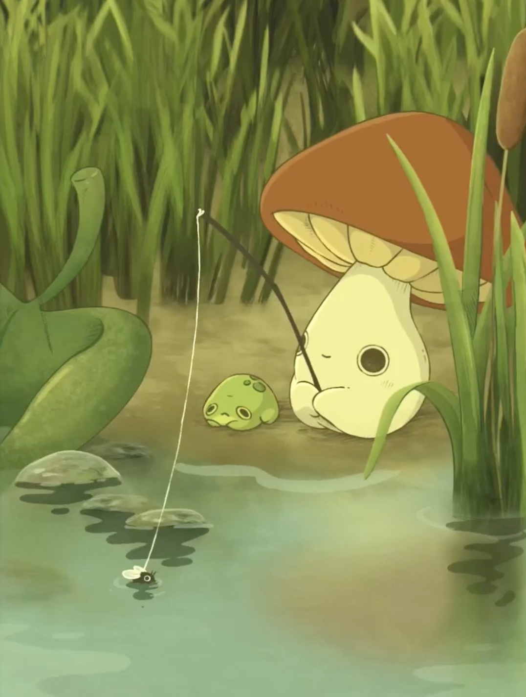 caroon mushroom and frog fishing together