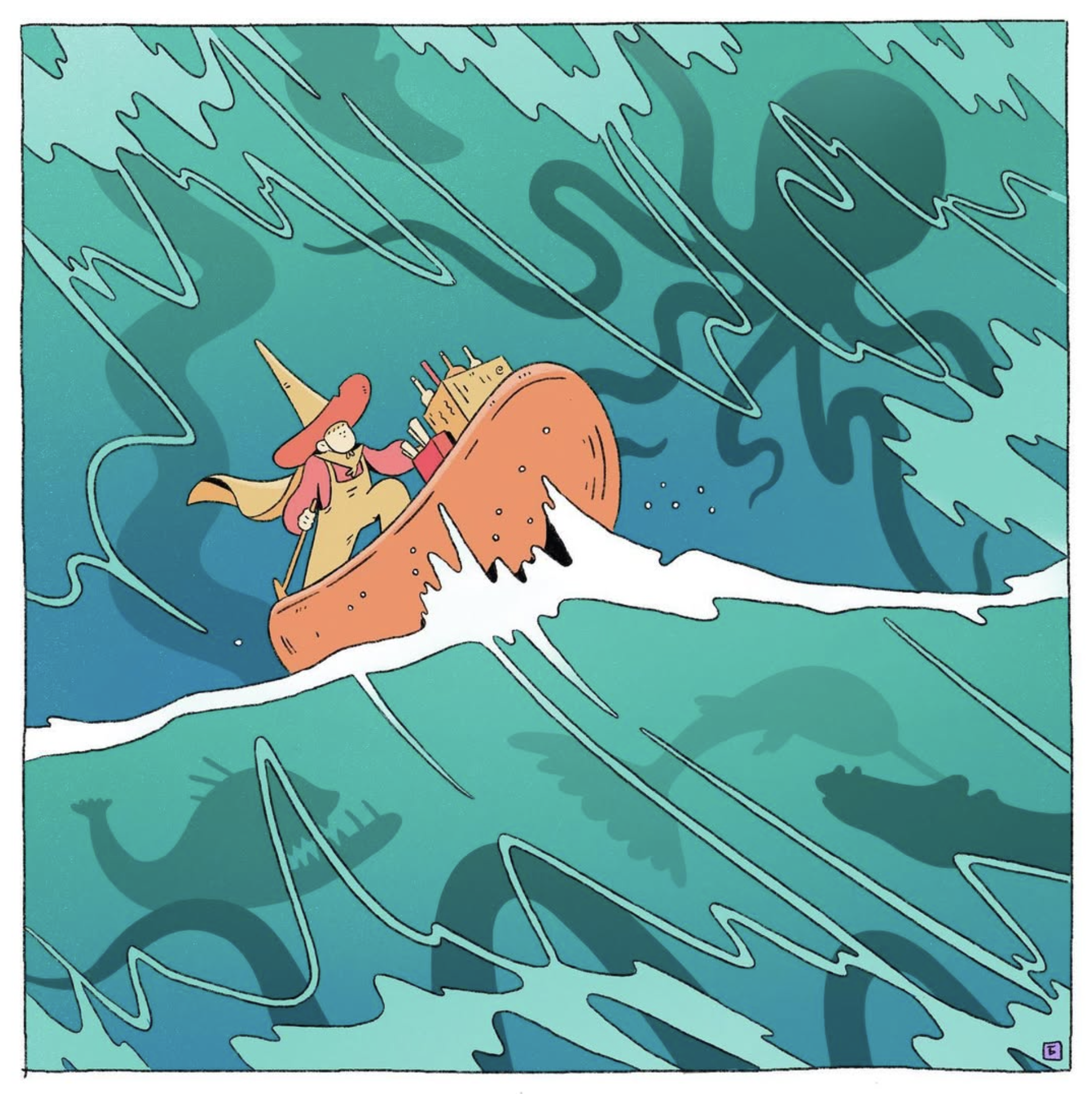 cartoon hero riding a boat through big waves with octopi silhouettes in the water