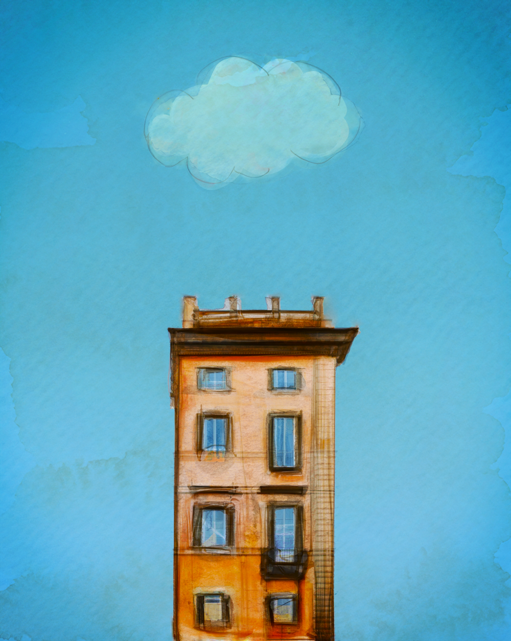 watercolor painting of an old building and blue skies