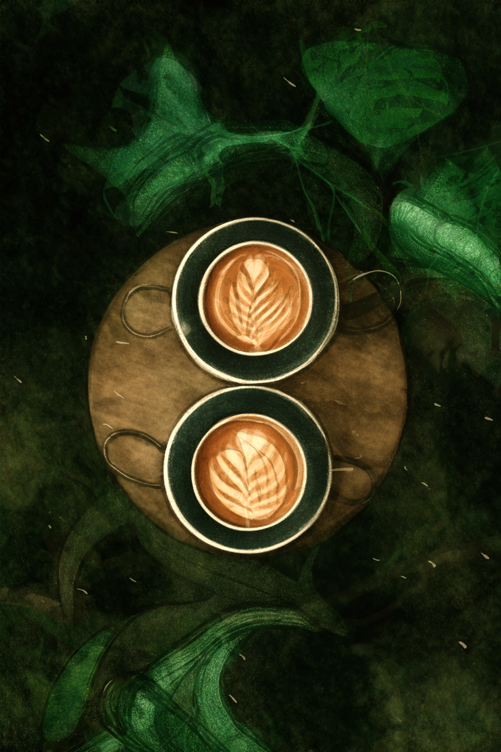 watercolor painting top-down view of two coffee cups