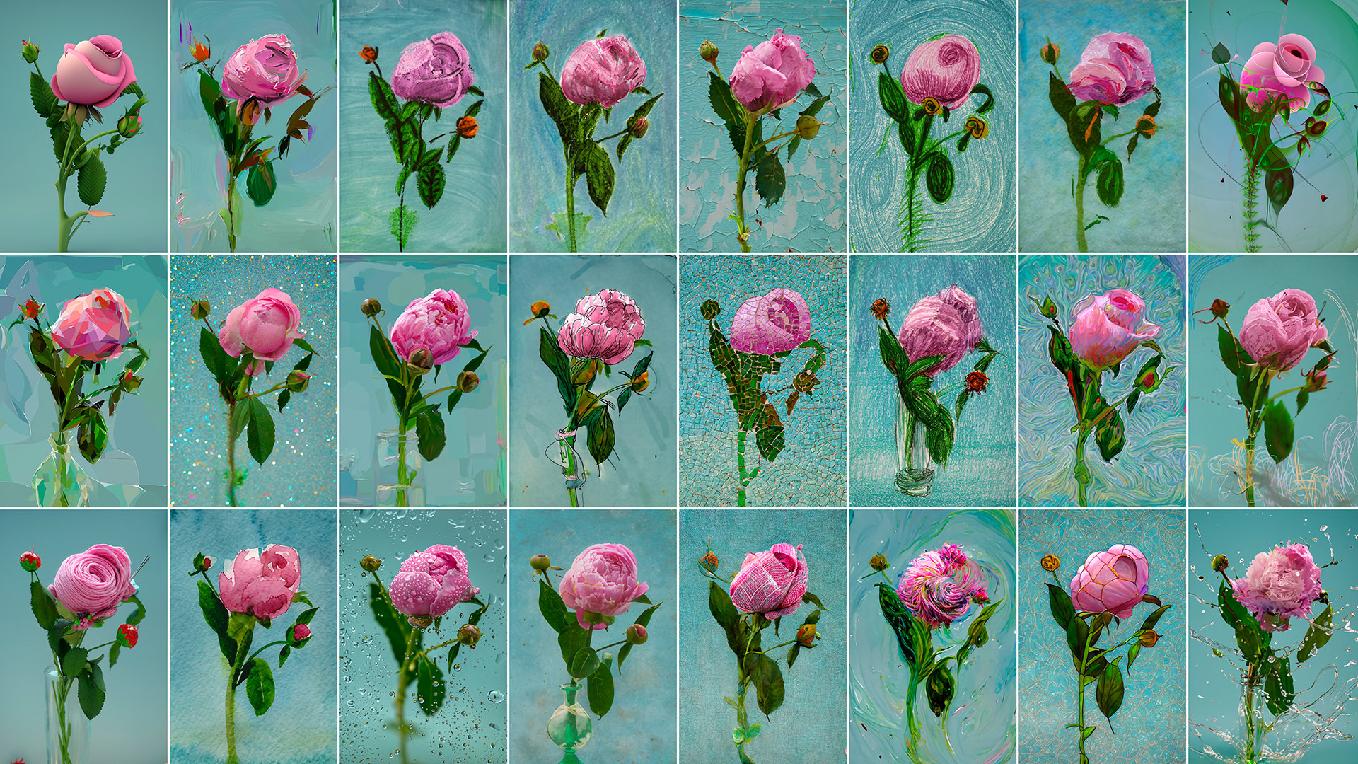 grid of different painting styles of a pink flower