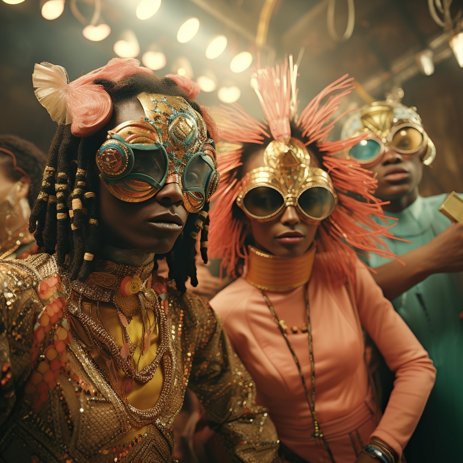 surreal people wearing glasses at a party