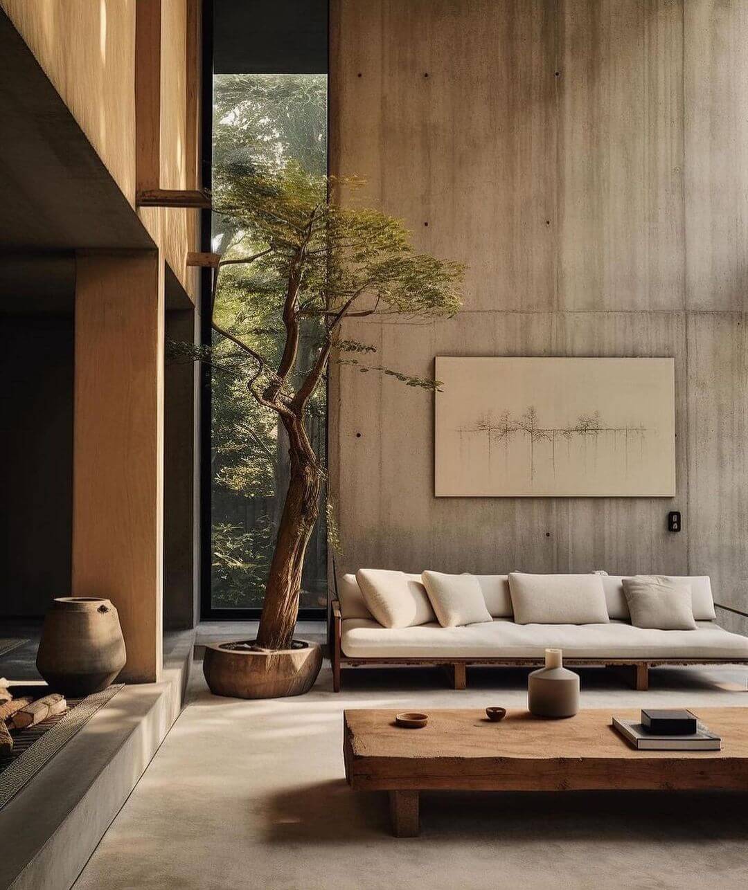 open interior space with natural wood and concrete walls