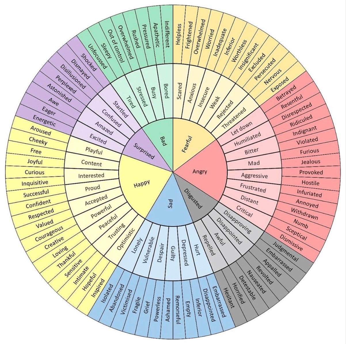 colorful wheel with breakdown of more specific words to replace generic words