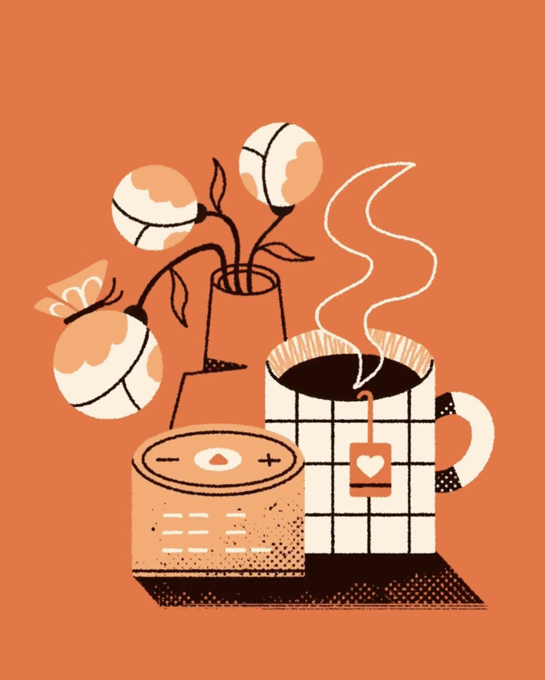 orange retro-style illustration with tea and flowers